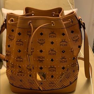 Gold Visetos Drawstring Bag, Cognac